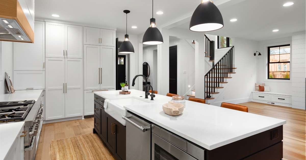 white kitchen with dark accents