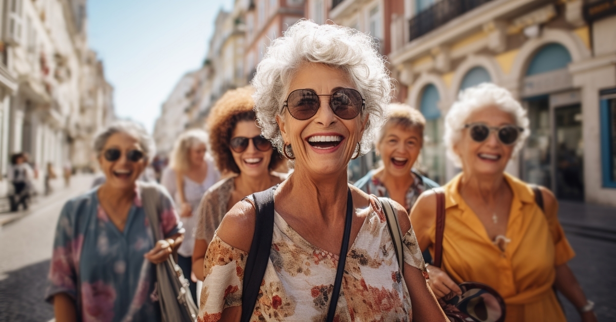 stylish senior female tourists walking street