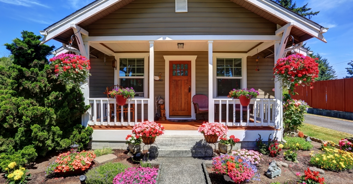 American house with flower pots