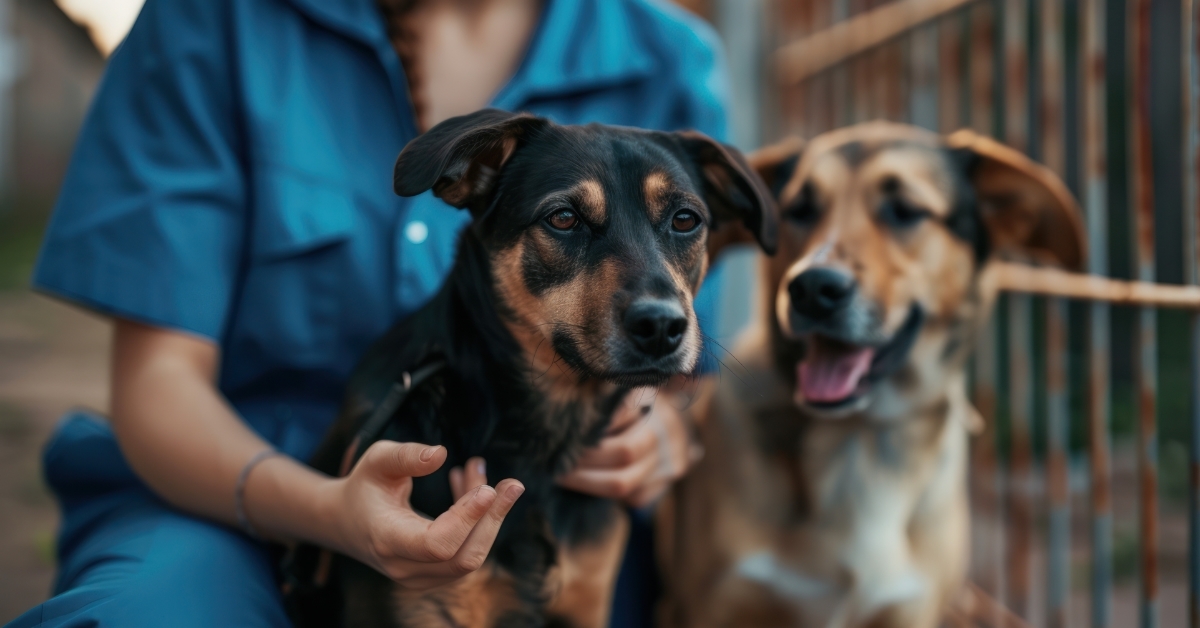 volunteer petting rescued dogs at shelter