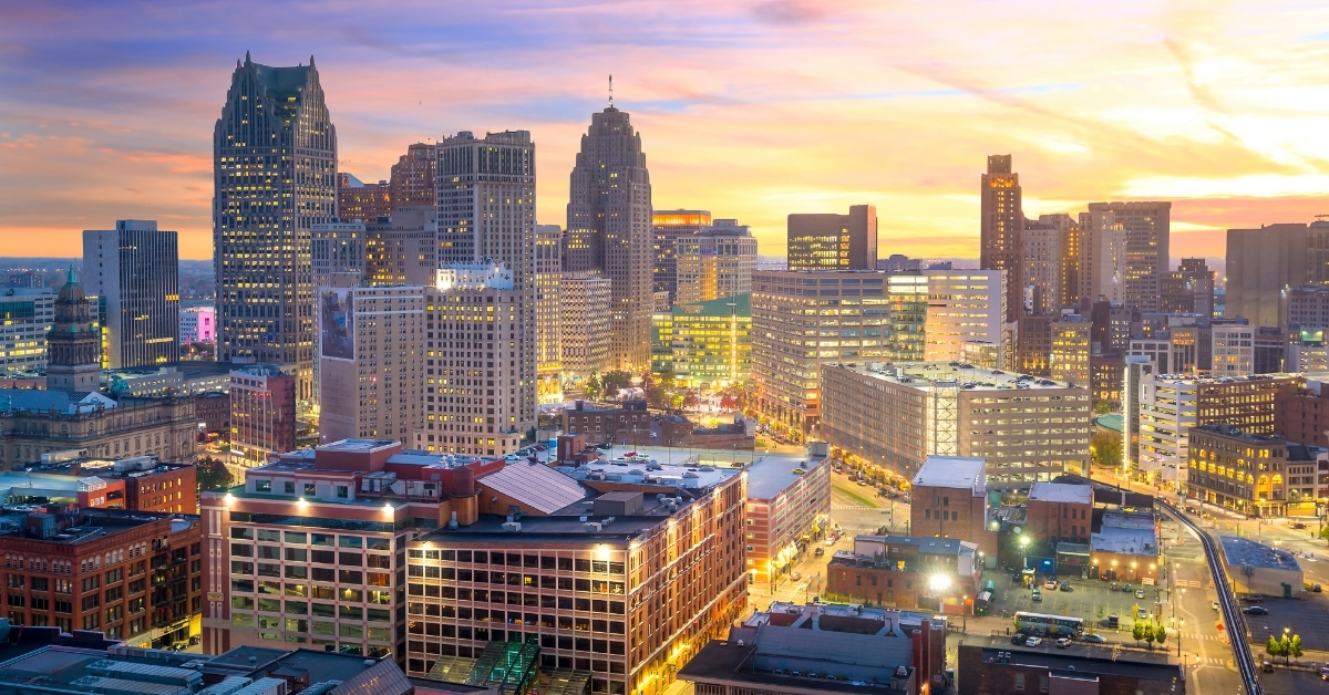 streets of downtown Detroit at twilight