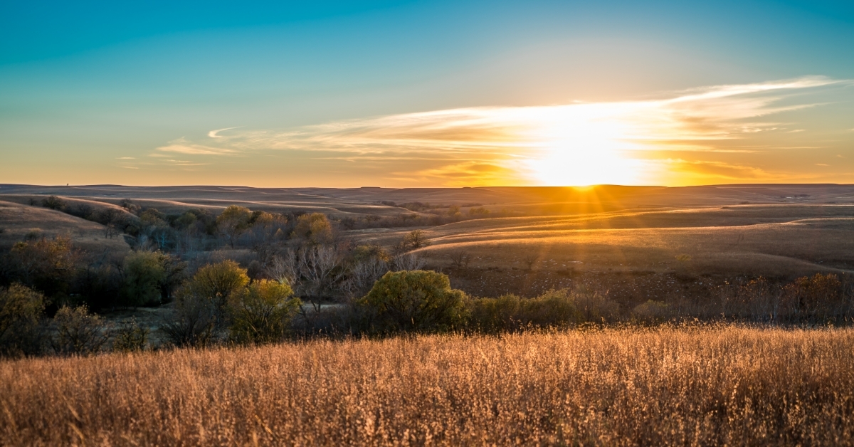 Sunset in Flint Hills Kansas fields