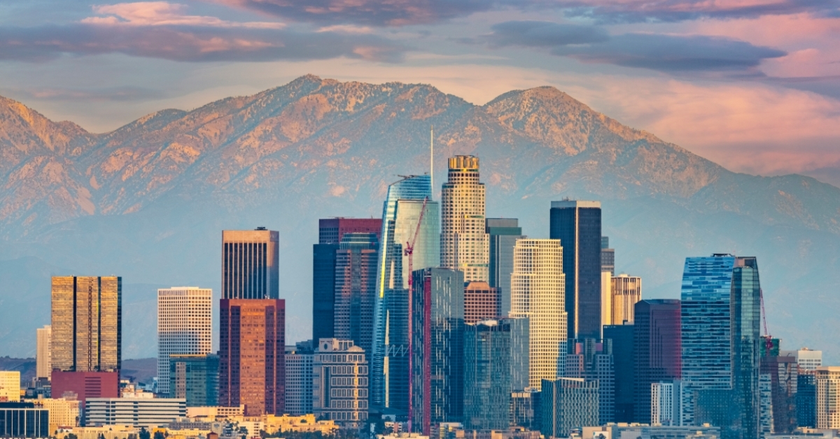 Los Angeles skyline with mountains