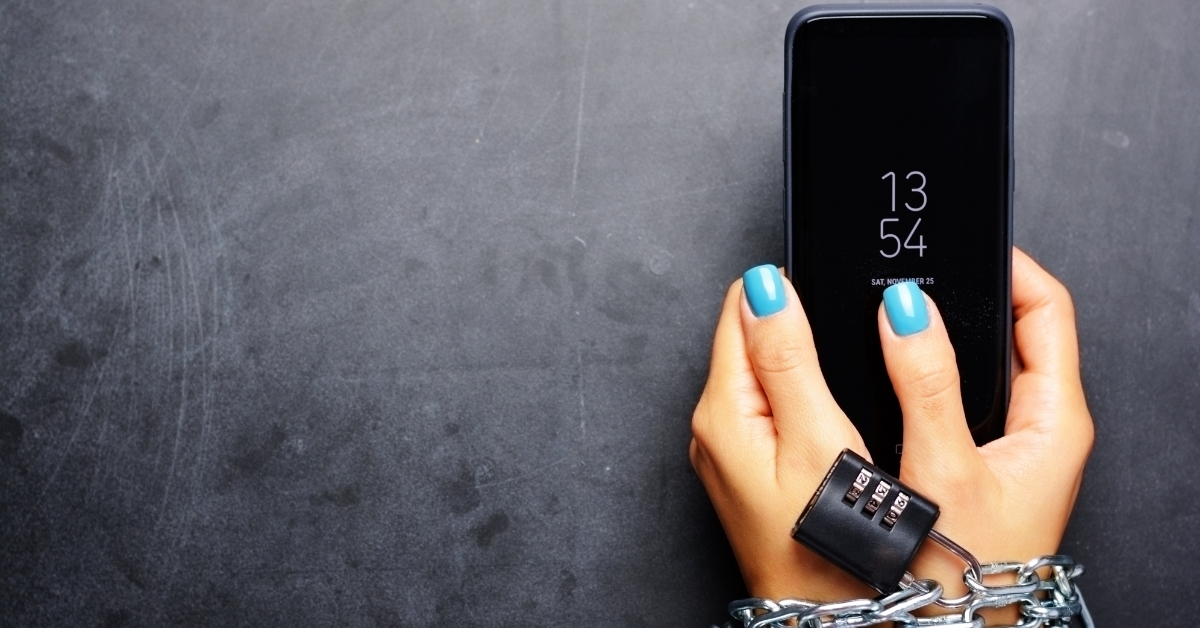 woman hands locked mobile addiction concept