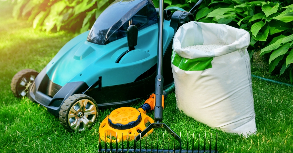 gardening tools on green grass