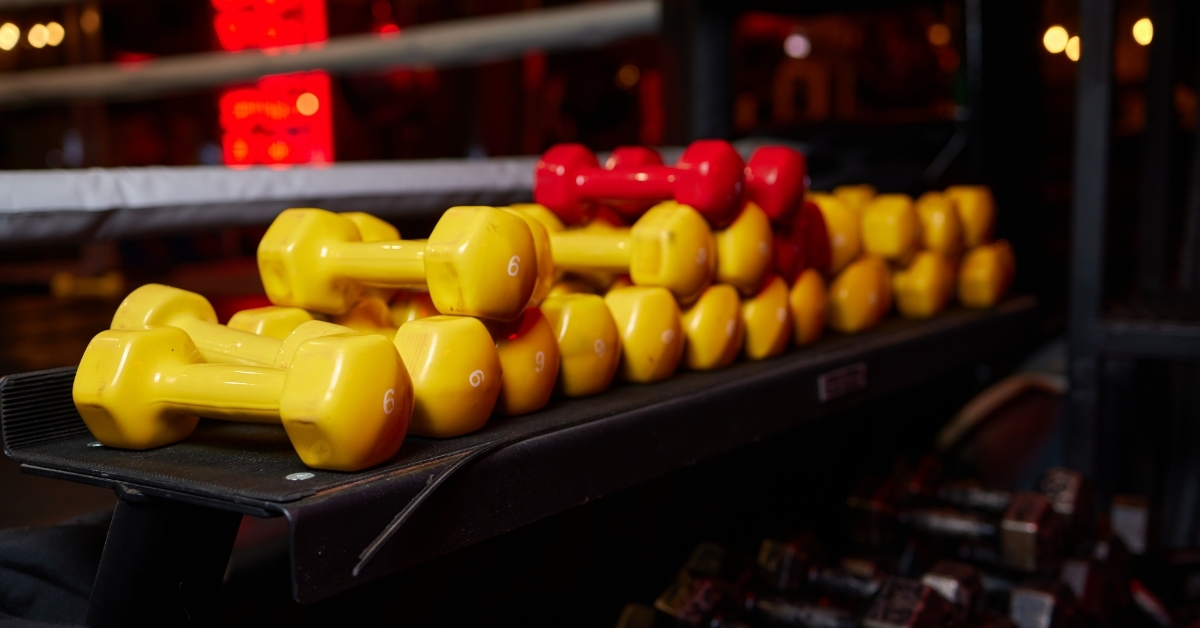 Rows of dumbbells in gym