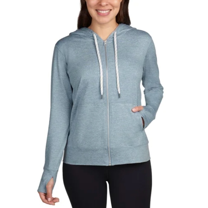 woman wearing light grey zip hoodie