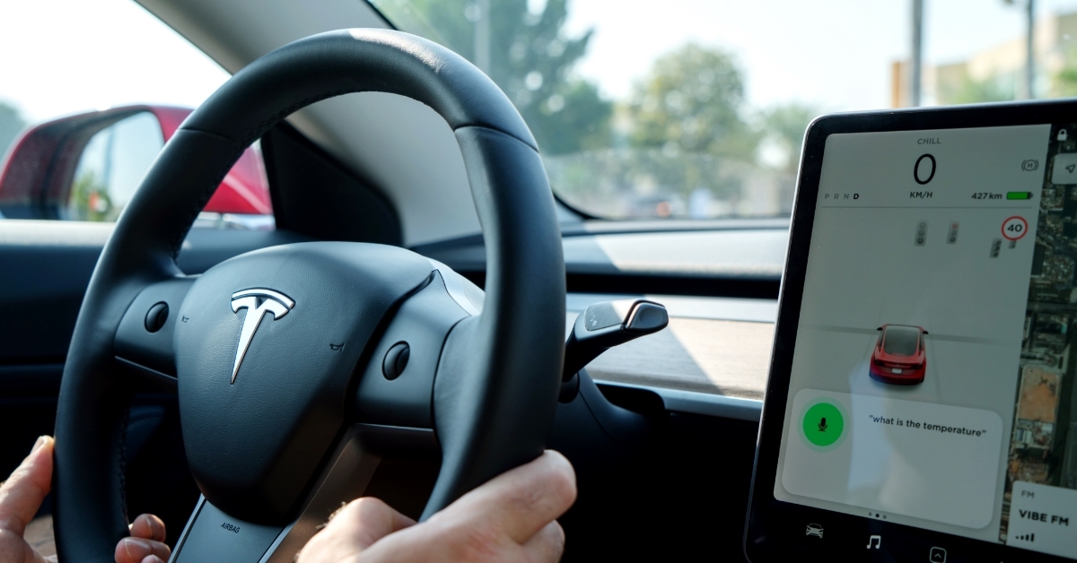 Man driving Tesla electric car