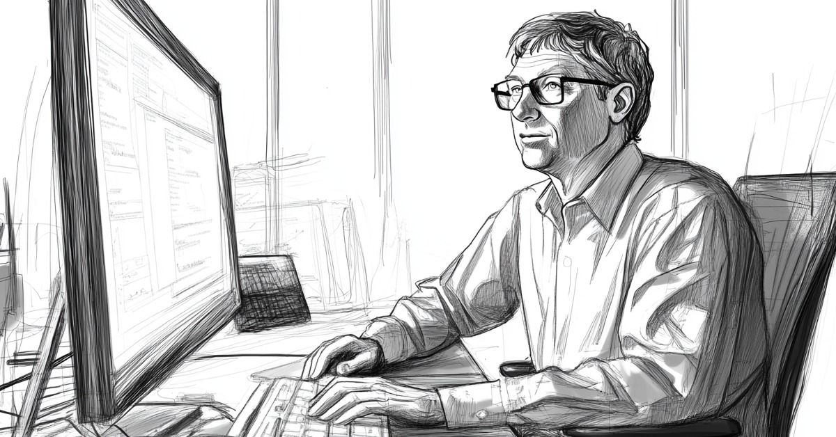 Drawing of Bill Gates at Computer