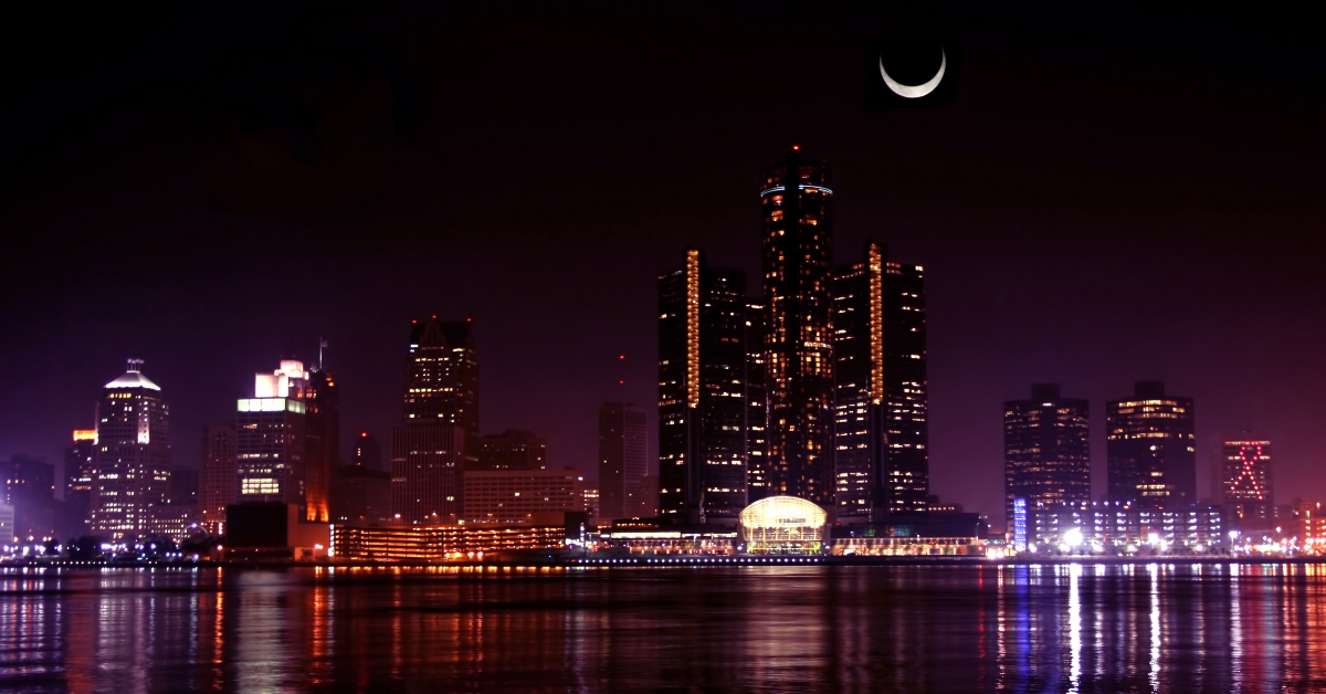 view of detroit skyline at night