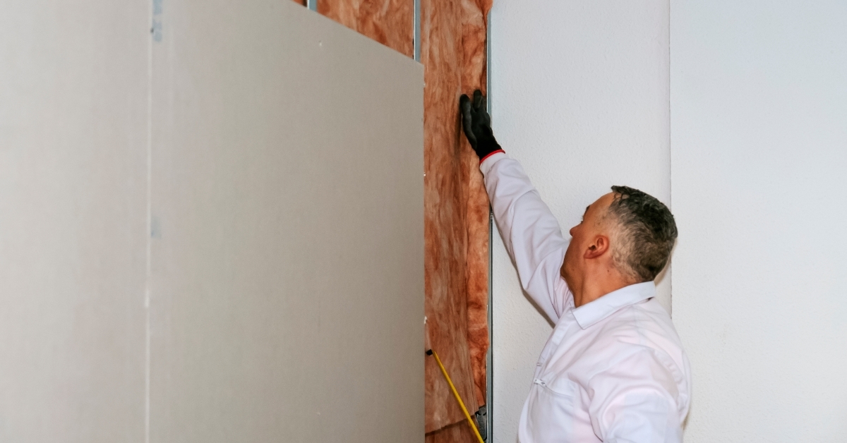 worker attaching mineral wool to walls