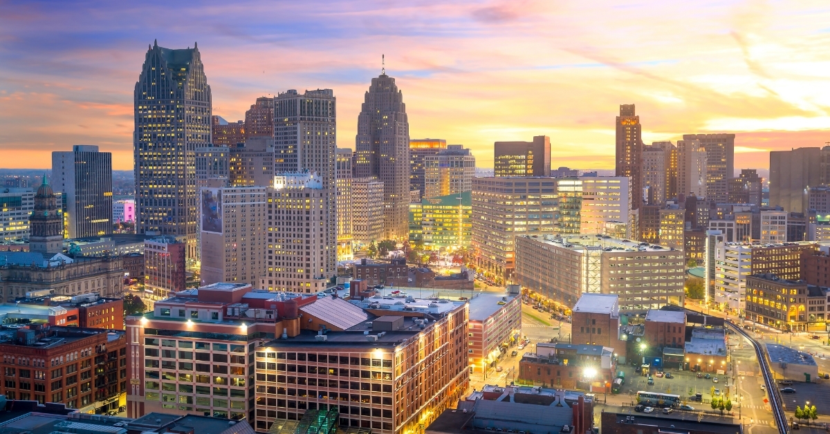 downtown Detroit skyline at twilight