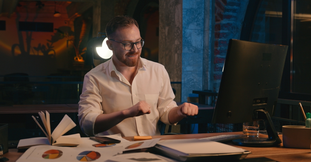 male workaholic in dark