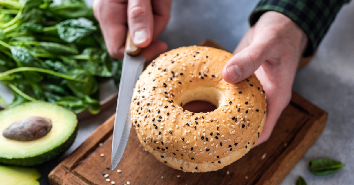 cutting bagel in halves