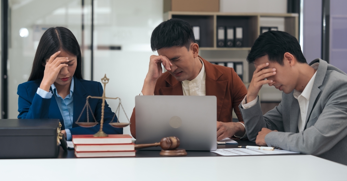disappointed lawyers sitting at table