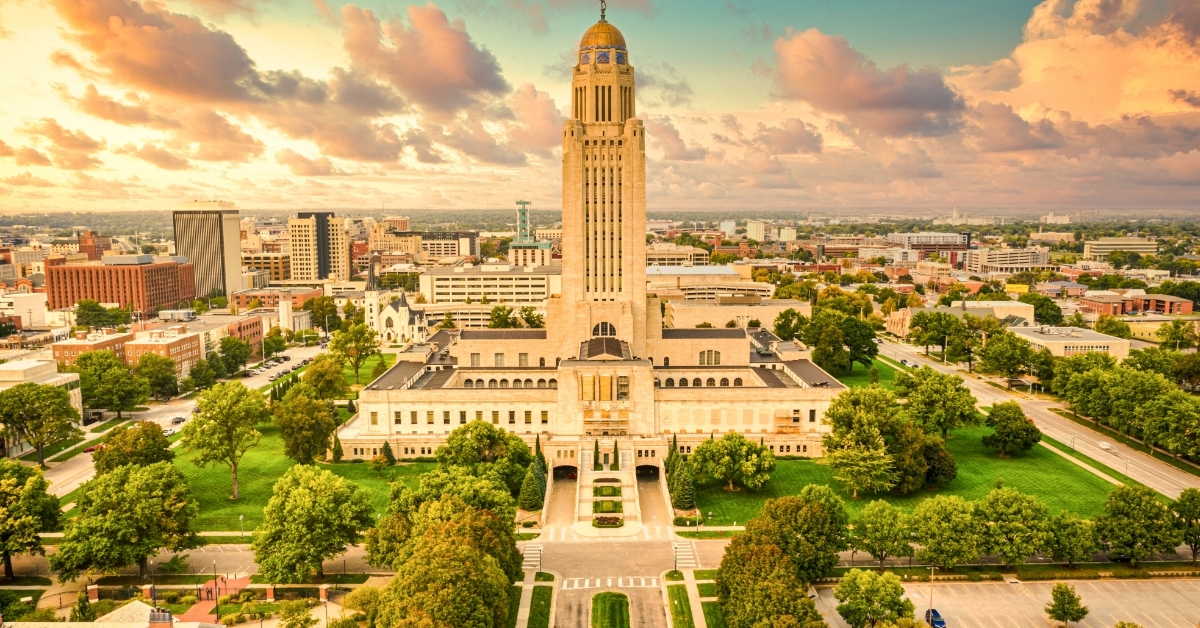 Lincoln skyline and Nebraska State Capitol