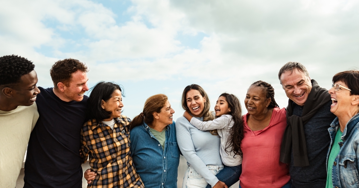multi ethnic friends enjoying on rooftop