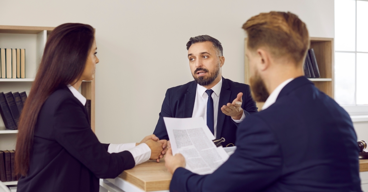 lawyers discussing case at court
