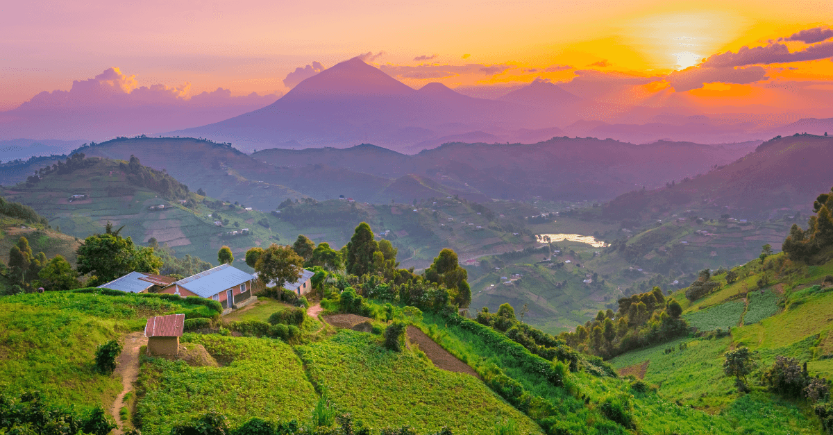 A sunset and mountain view of Uganda.