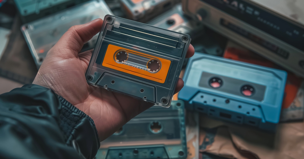 hand holding a cassette tape, blank