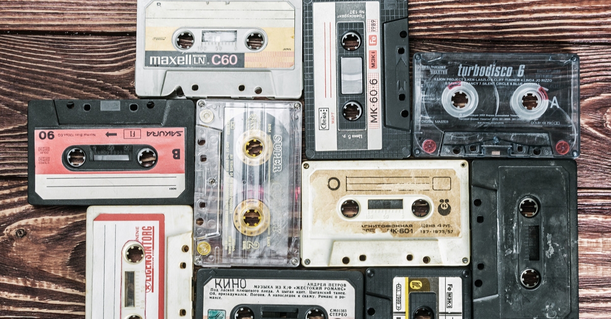 stylized and stacked cassette tapes