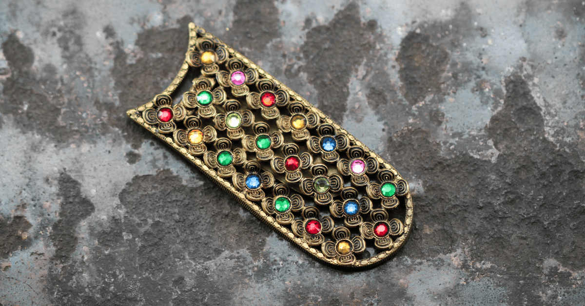 Antique Brooch Dress Clip With Multicolor Crystal Rhinestones