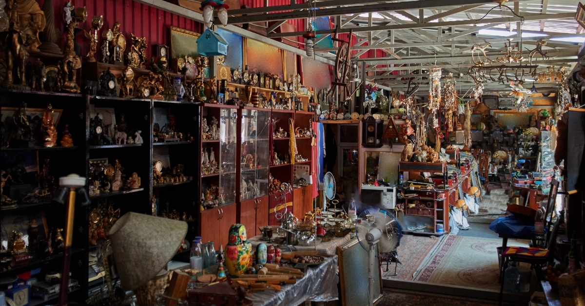 Flea market with vintage objects