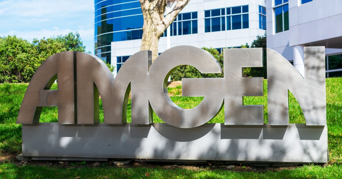 Amgen sign at biopharmaceutical office