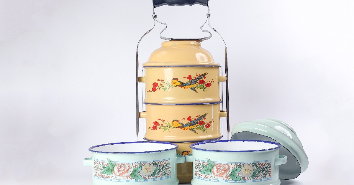 Set of tin lunch containers blue and yellow with flowers 