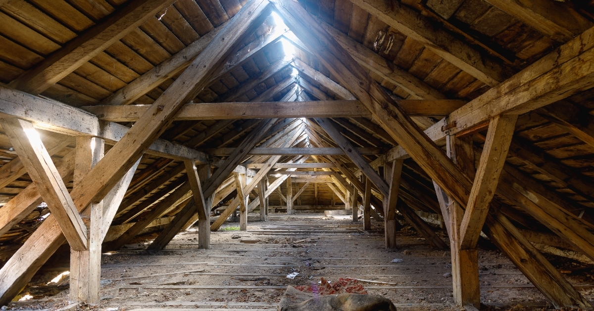 attic of old ruined house from inside