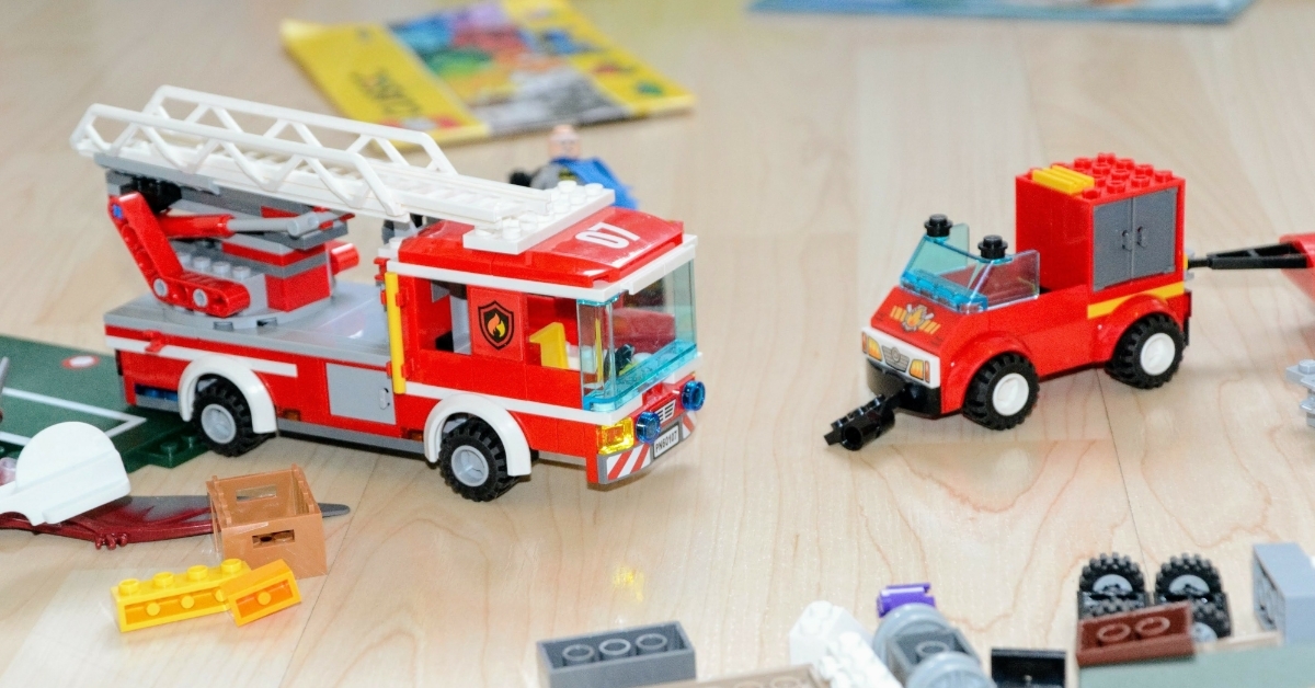Lego fire department truck on table