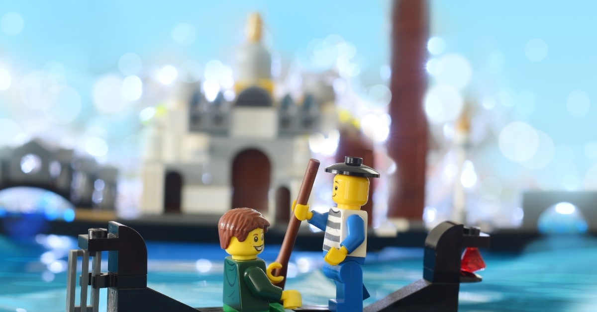 lego minifigure boating in gondola in Venice