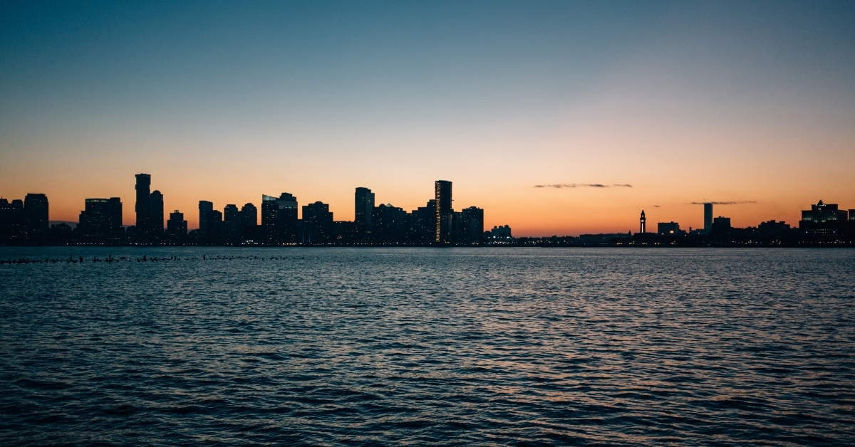 Sunset view of coastal city
