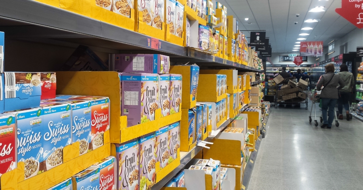 Breakfast cereal section in Aldi supermarket