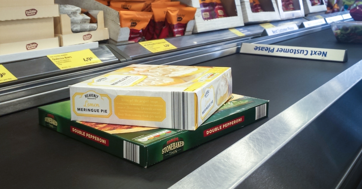 Frozen Pie and Pizza on checkout belt