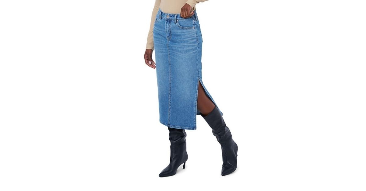 Woman wearing denim skirt
