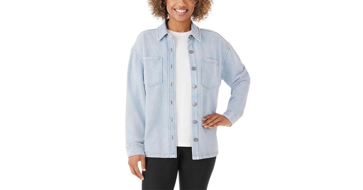 Woman wearing knit denim shirt