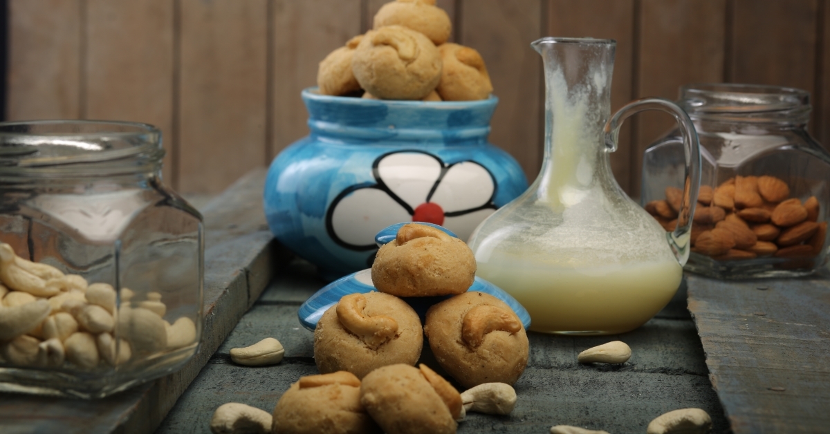 blue ceramic pot filled with butter cookies