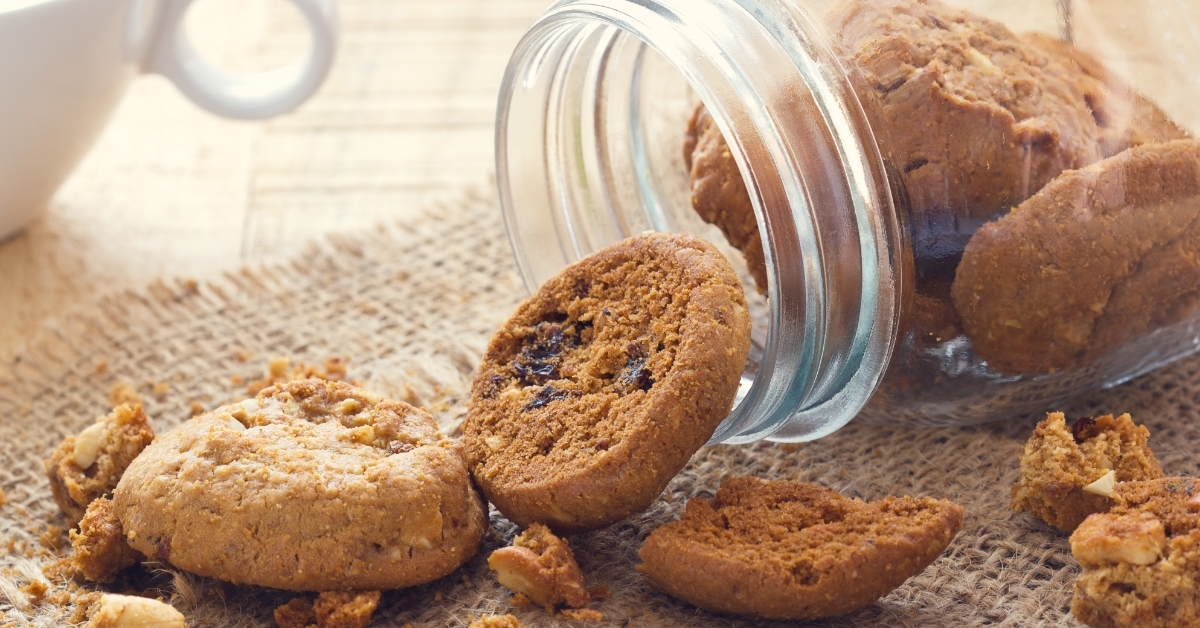 Chocolate chip cookies in glass jar