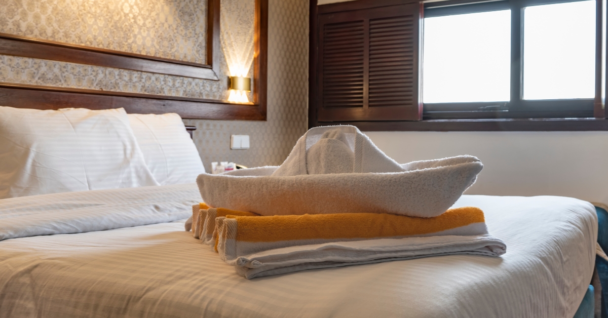 The bed is made in the cabin