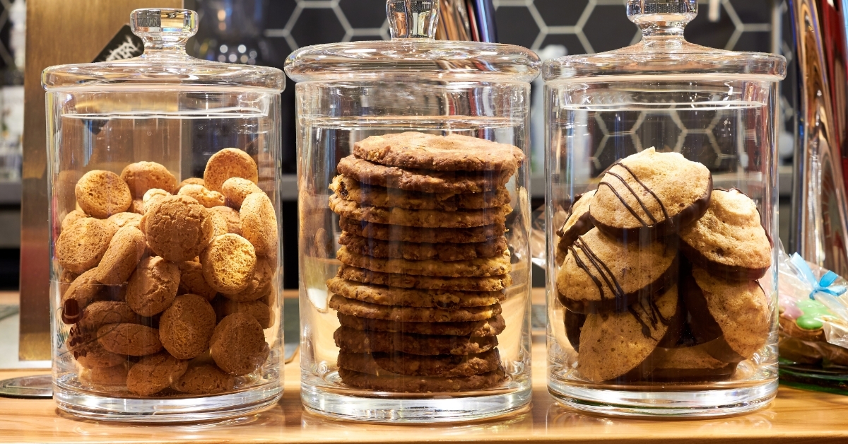 Variety of cookies in three glass jars