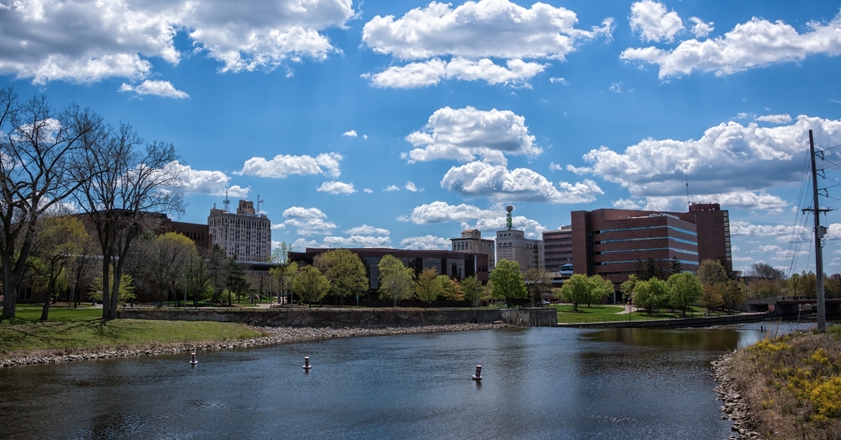 michigan skyline and the flint river