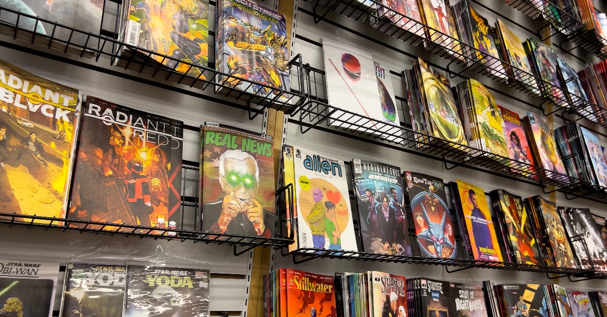 Popular comics for sale inside a Phantom Zone Comics store