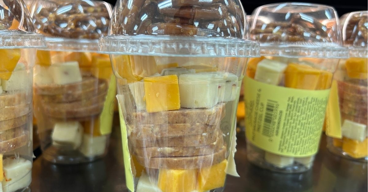 jalapeno cheddar summer sausage with cheese and pretzel cup