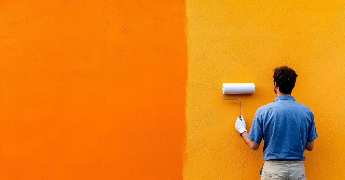 a person painting a vibrant orange wall