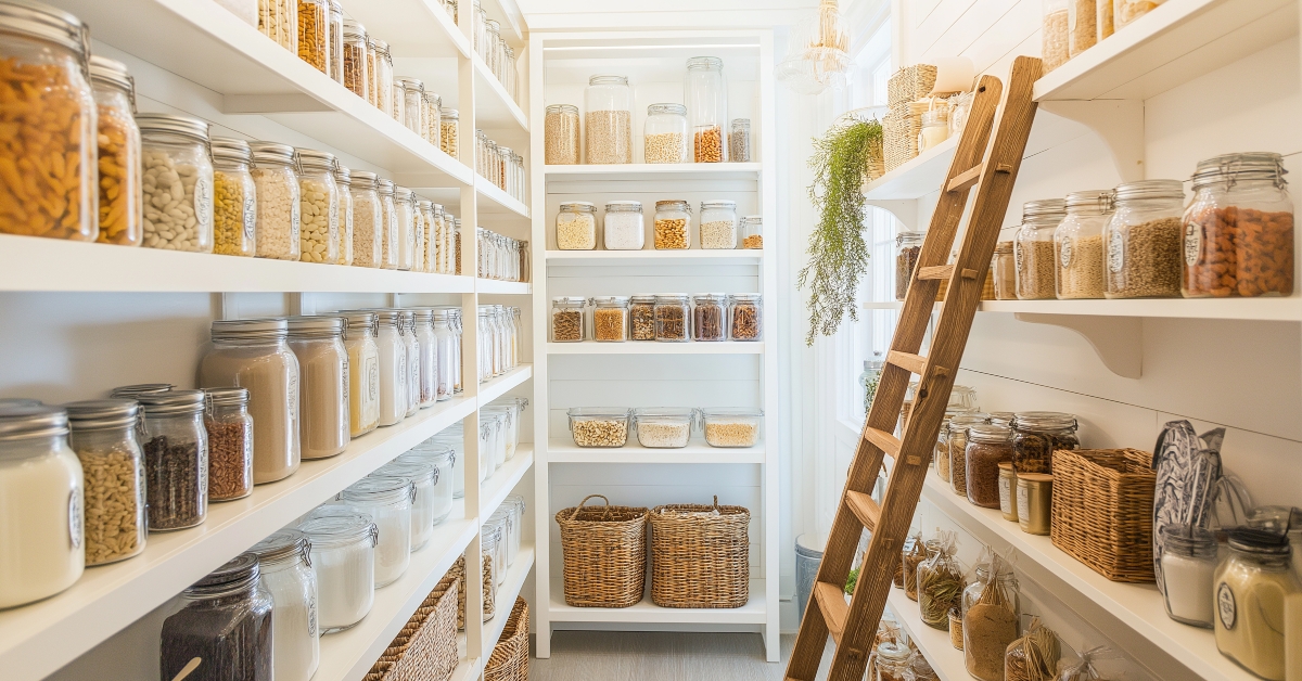 organized pantry shelves filled with jars of dry goods