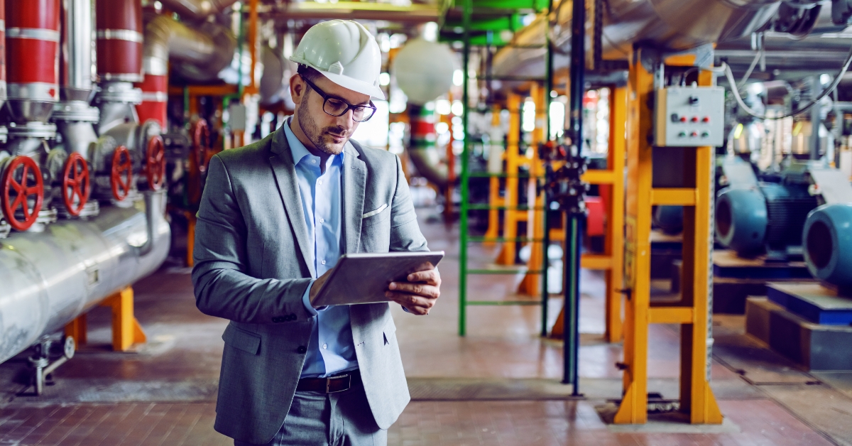 with helmet on head using tablet 