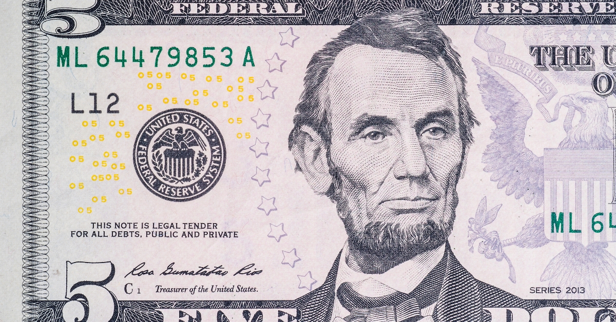 macro shot of 5 dollar bill 