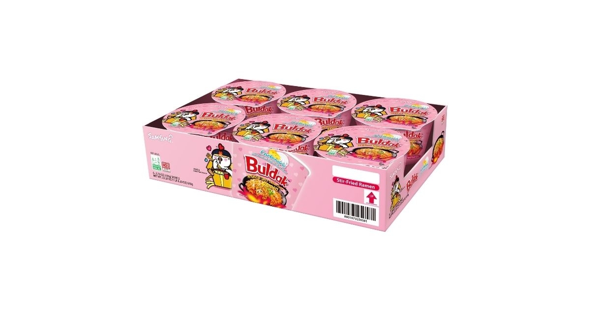 A box of Samyang Buldak Ramen Carbonara Spicy Chicken noodles