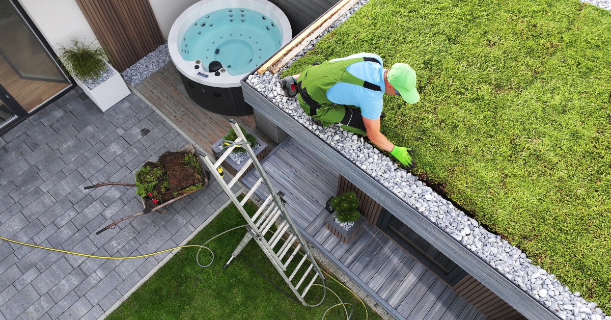 professional landscaper installing green roof